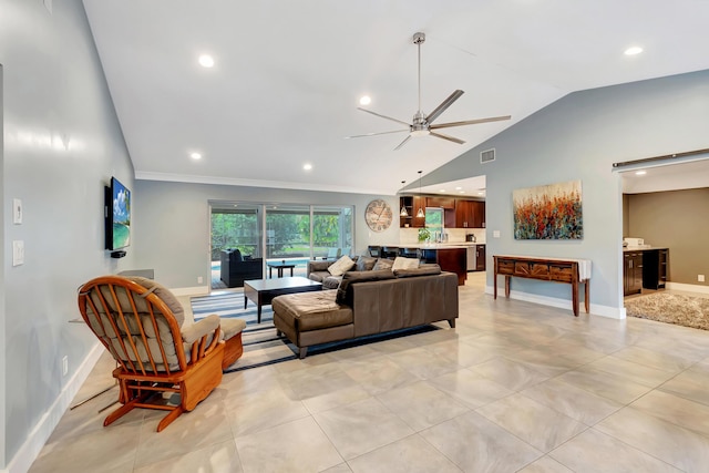 tiled living room with high vaulted ceiling and ceiling fan