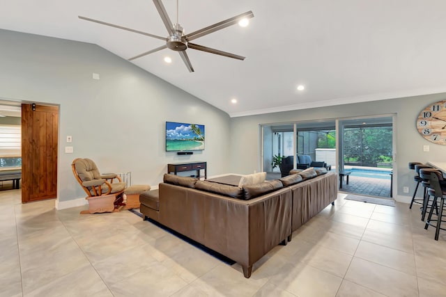 tiled living room with high vaulted ceiling and ceiling fan