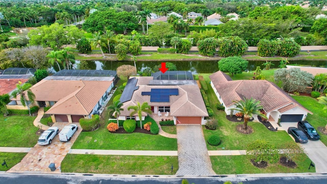 aerial view featuring a water view