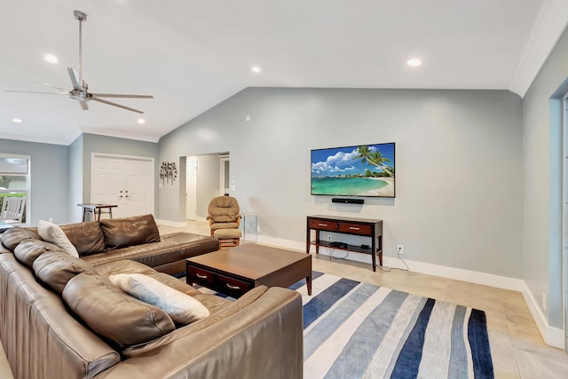 living room with lofted ceiling and ceiling fan