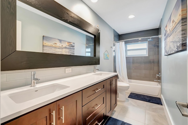 full bathroom with shower / bathtub combination with curtain, tile patterned flooring, vanity, tasteful backsplash, and toilet