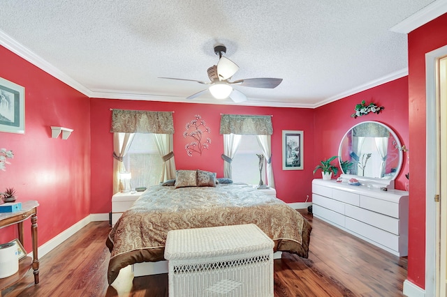 bedroom with ceiling fan, a textured ceiling, crown molding, and hardwood / wood-style floors