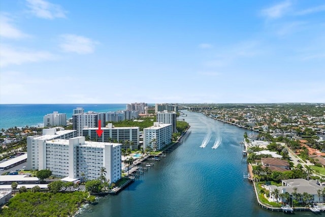 aerial view featuring a water view