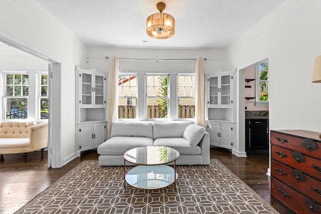 living room with a textured ceiling and dark wood-type flooring