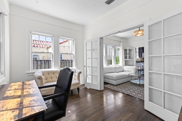 office featuring dark wood-type flooring, french doors, a wealth of natural light, and a textured ceiling