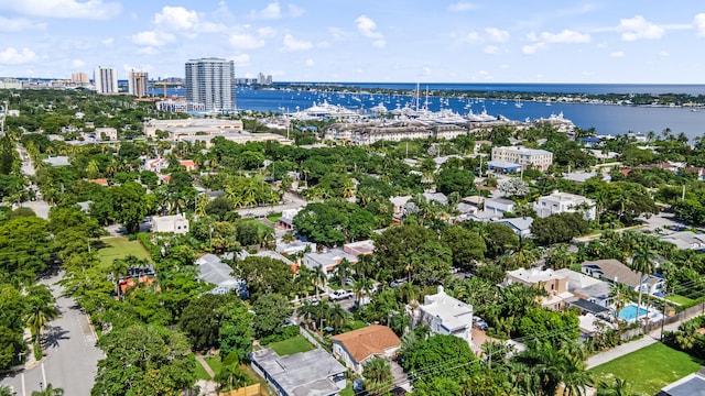 drone / aerial view featuring a water view