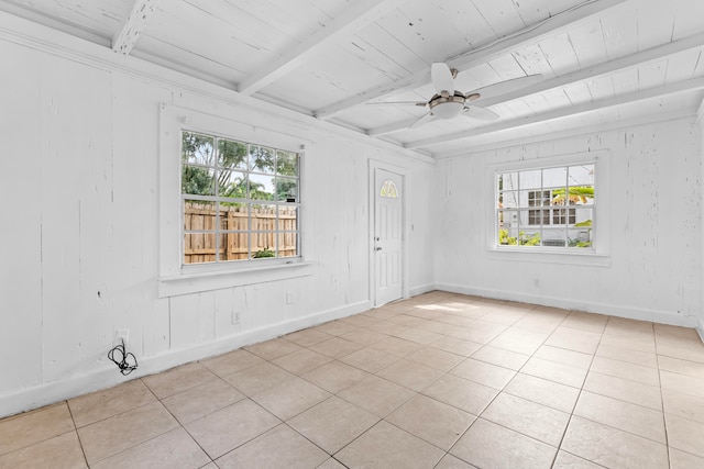 empty room with beamed ceiling, ceiling fan, wood ceiling, wood walls, and light tile patterned floors