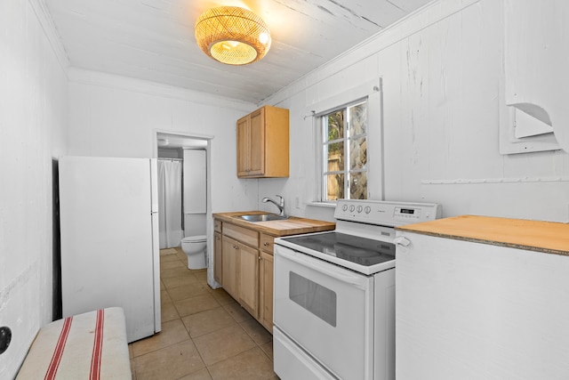 kitchen with ornamental molding, light brown cabinetry, white appliances, and sink