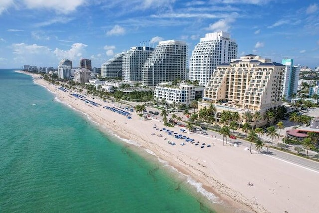 bird's eye view with a water view and a view of the beach