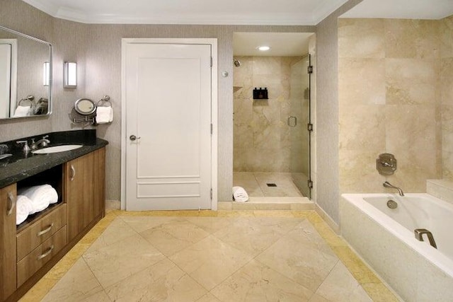 bathroom featuring tile patterned floors, vanity, and independent shower and bath