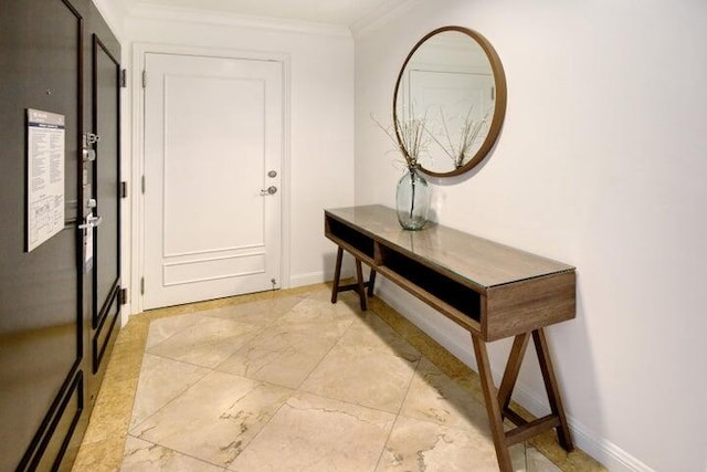 interior space with light tile patterned floors and crown molding