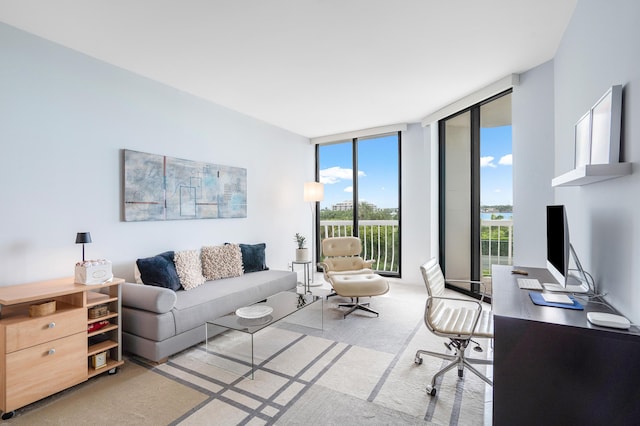 carpeted living room featuring floor to ceiling windows