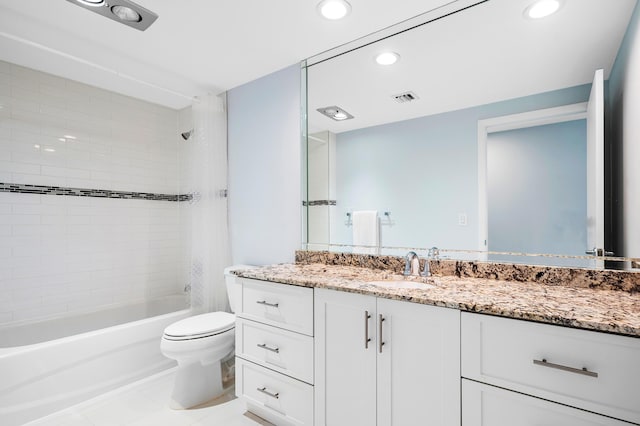 full bath featuring recessed lighting, visible vents, shower / bathing tub combination, toilet, and vanity