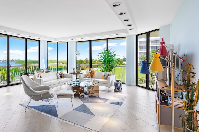 living room featuring a healthy amount of sunlight, expansive windows, and light wood-type flooring