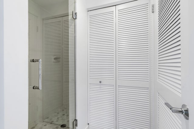 interior space with a stall shower and a closet