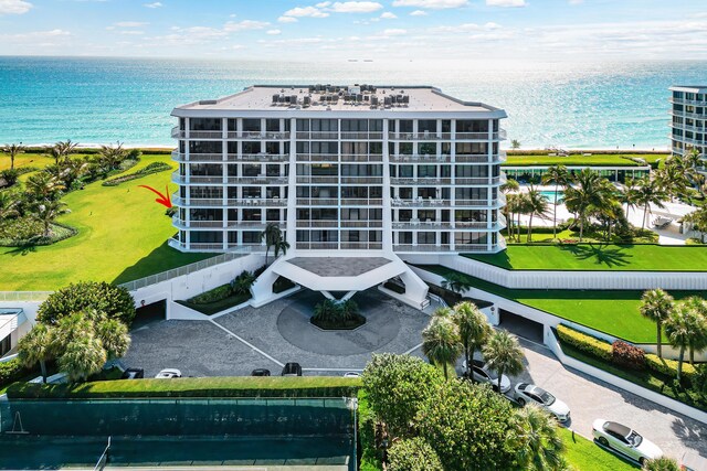 exterior space with a water view