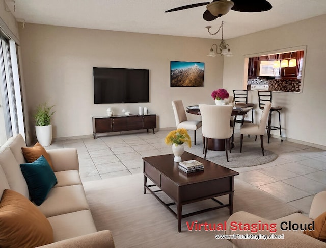 tiled living room with ceiling fan with notable chandelier