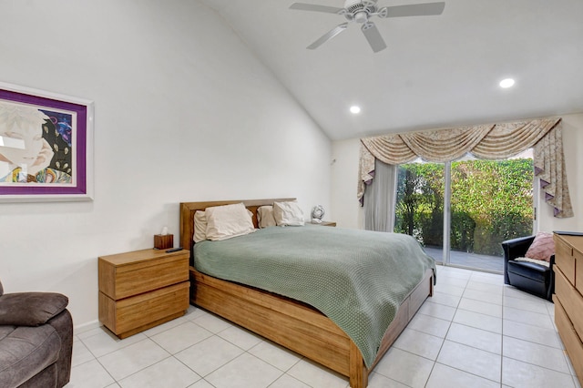 bedroom featuring high vaulted ceiling, access to outside, light tile patterned floors, and ceiling fan