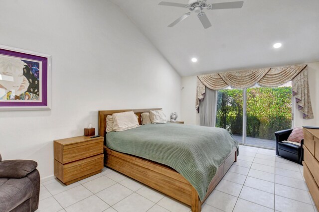 bedroom with light tile patterned floors, ceiling fan, high vaulted ceiling, recessed lighting, and access to outside