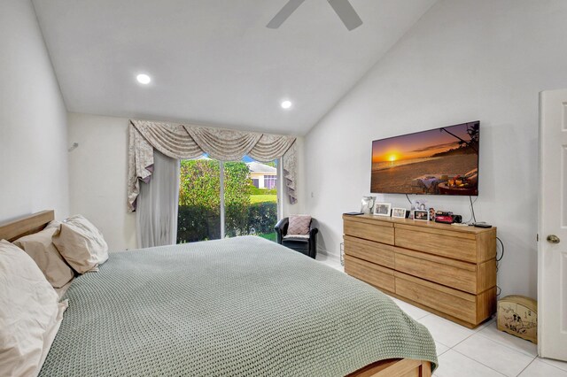 bedroom with lofted ceiling, light tile patterned floors, a ceiling fan, and recessed lighting