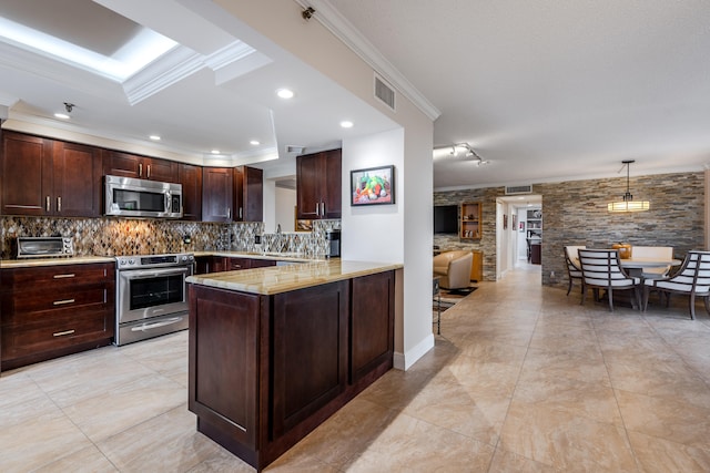 kitchen featuring tasteful backsplash, light tile patterned floors, appliances with stainless steel finishes, and ornamental molding