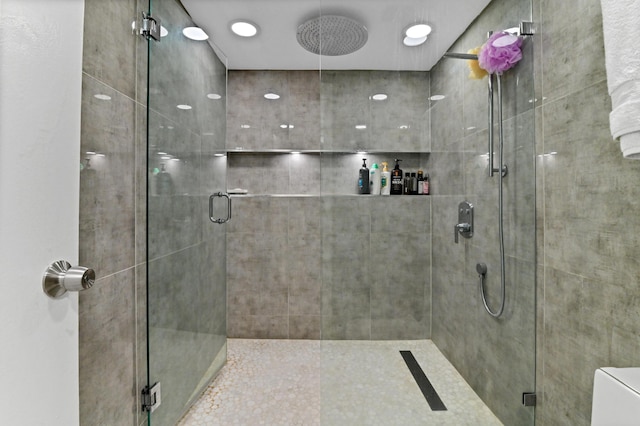 bathroom with walk in shower and toilet