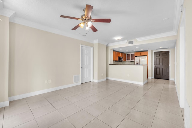 unfurnished living room featuring ceiling fan, ornamental molding, and light tile patterned floors