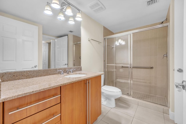 full bath featuring toilet, a stall shower, and visible vents