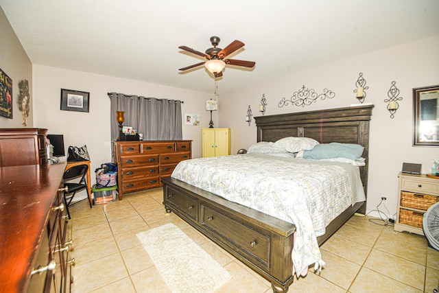 bedroom featuring a ceiling fan and light tile patterned flooring