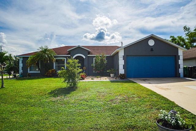 single story home featuring a garage, driveway, a front lawn, and stucco siding