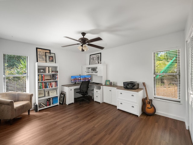 office with ceiling fan and dark hardwood / wood-style floors