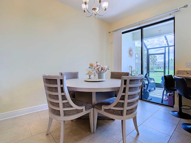 tiled dining space with a wealth of natural light and a notable chandelier