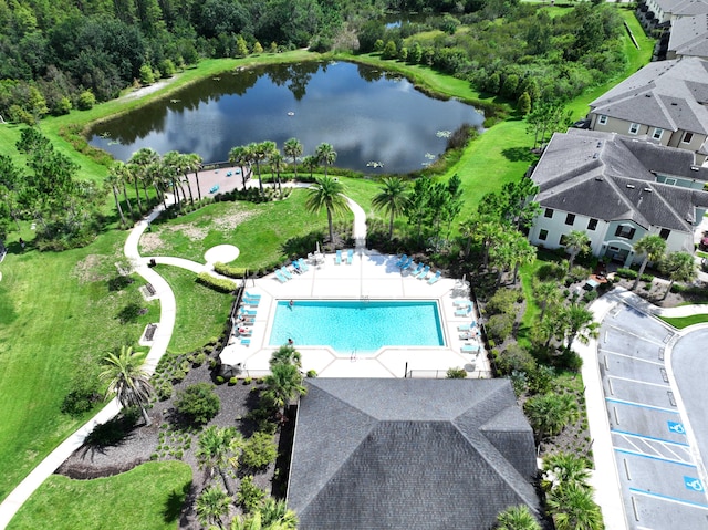 bird's eye view with a water view