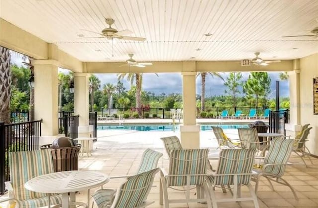 view of patio featuring ceiling fan and a community pool