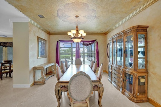 tiled dining area with a notable chandelier, a textured ceiling, and crown molding