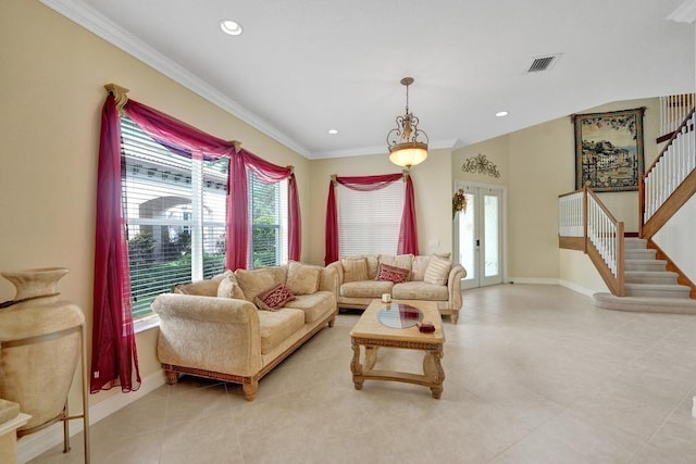 tiled living room with ornamental molding