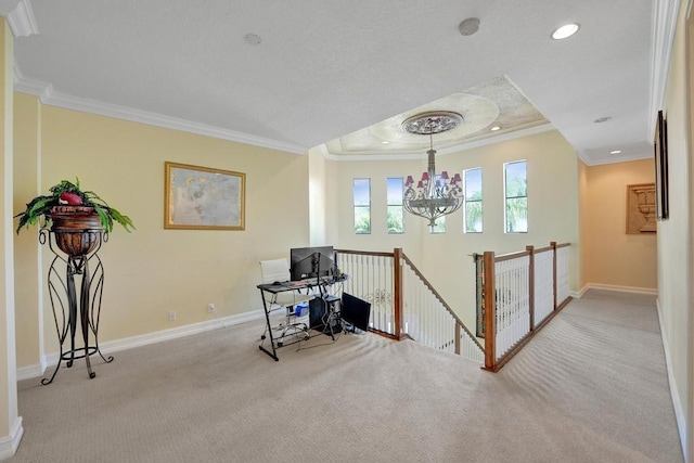 office with ornamental molding, light carpet, and a notable chandelier