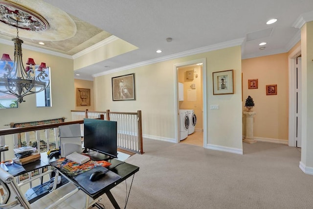 home office featuring a chandelier, crown molding, washing machine and dryer, a tray ceiling, and light colored carpet