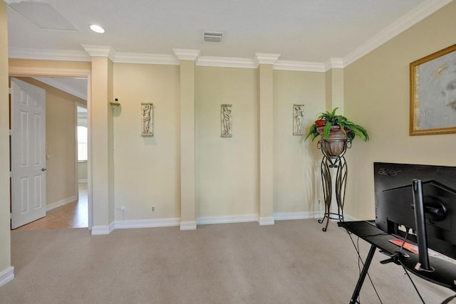 interior space with crown molding and light colored carpet