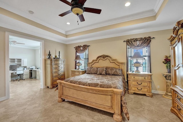 bedroom with a tray ceiling, light tile patterned floors, ornamental molding, and ceiling fan