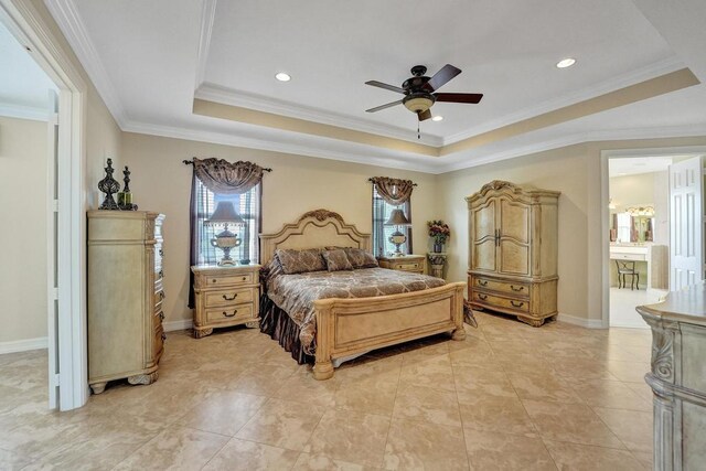 bedroom featuring ceiling fan, crown molding, and a raised ceiling