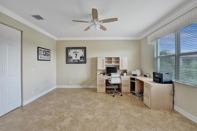 office space featuring ceiling fan, light tile patterned floors, and crown molding