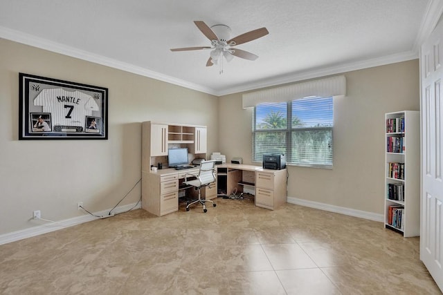 tiled office with ceiling fan and crown molding