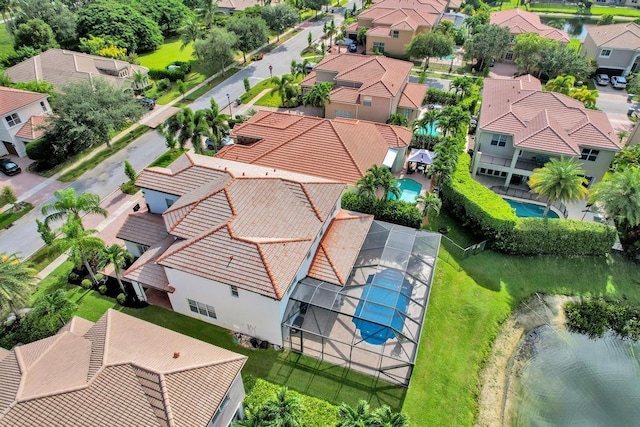 bird's eye view with a water view