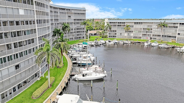 view of water feature with a boat dock