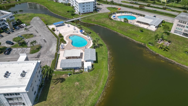 drone / aerial view with a water view