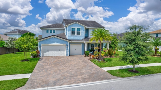 view of front facade with a front lawn and a garage