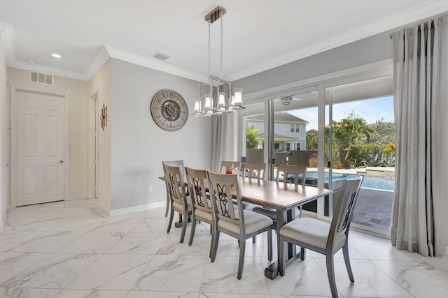 dining area featuring an inviting chandelier, light tile patterned floors, and ornamental molding