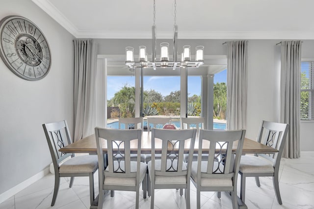 dining space featuring light tile patterned floors, crown molding, an inviting chandelier, and plenty of natural light