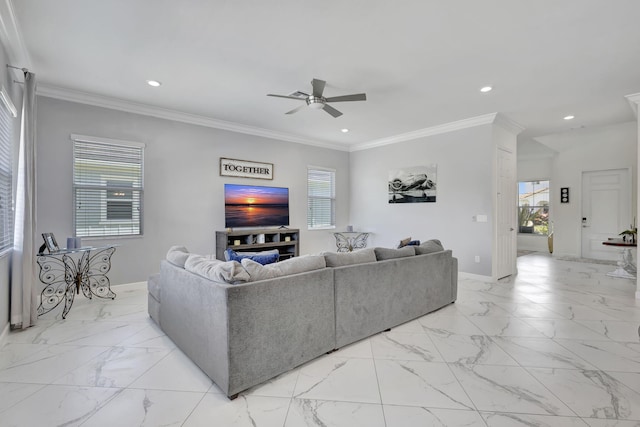 tiled living room with ceiling fan and crown molding